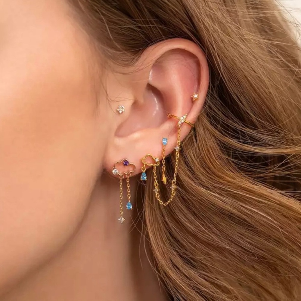 Gold Plated Cloud and Rain Stud Earrings with CZ Accents. New.